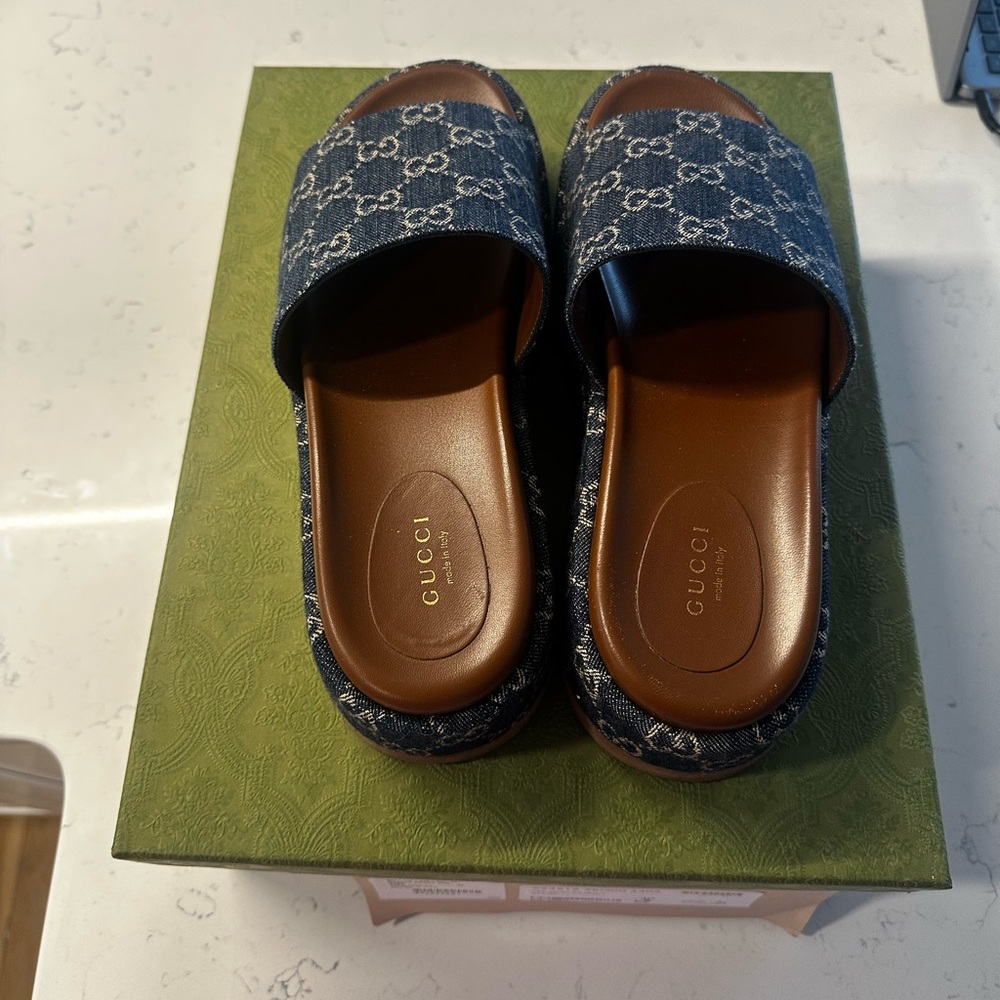 Gucci Navy Monogram Platform Sandals - Picture 5 of 12